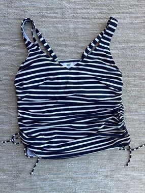 Lands' End Nautical Navy Blue off-White Stripe Rushed V Neck Tankini Top sz 12L